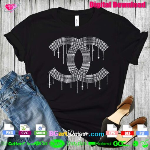 dripping chanel logo bling rhinestone transfer shirt download