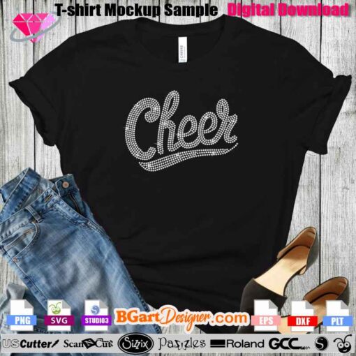 Rhinestone Cheer T-shirt Design svg for Cricut and Silhouette Machines - Instant Digital Download. This high-quality rhinestone template featuring the word "Cheer" in fancy script letters is perfect for creating eye-catching T-shirts. Compatible with cutting machines like Cricut, Silhouette, and more. Download now and start crafting! Keywords: rhinestone template, Cricut design, Silhouette design, digital download.