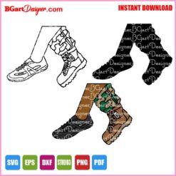 Cheer shoe and army boot SVG bundle with outline, solid silhouette, and full-color versions for Cricut, Silhouette, sublimation, DTF, and crafting projects.