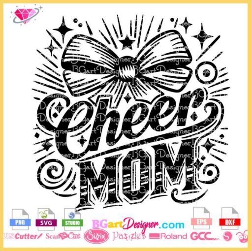 Cheer Mom SVG design with a bow and sparkling accents, ideal for cheerleading-themed crafts and custom projects.