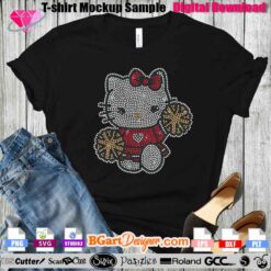 Mockup of Hello Kitty cheerleader rhinestone design on a black T-shirt, perfect for Cricut and Silhouette users using 10ss rhinestones