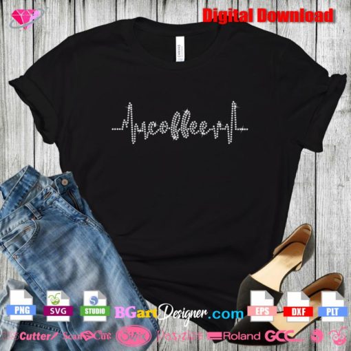 heart beat coffee line bling rhinestone svg transfer