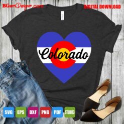 Colorado heart flag SVG on black T-shirt, flat lay mockup for cutting machines and sublimation