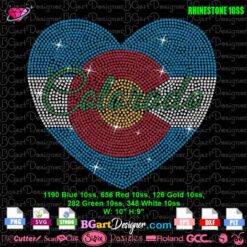 Colorado state heart logo rhinestone digital design template with SS10 stones
