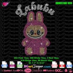 Full-body Labubu rhinestone template file with curved Labubu text, includes 10ss stone color count, SVG DXF EPS Studio3 PLT digital formats