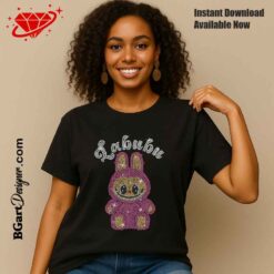 Woman wearing full-body Labubu rhinestone design with Labubu arch text, digital template for shirt with SVG EPS DXF STUDIO3 PLT files