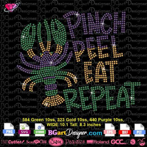 Crawfish pinch peel eat repeat rhinestone svg cricut silhouette, mardi gras rhinestone template svg, mardi gras crawfish digital bling template download