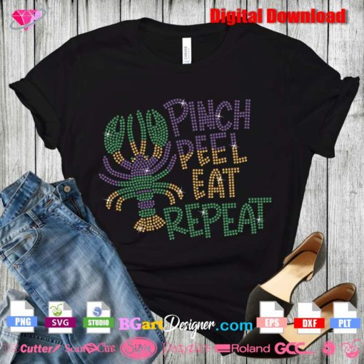 Crawfish pinch peel eat repeat bling transfer svg cricut silhouette, mardi gras rhinestone template svg, mardi gras crawfish digital bling template download