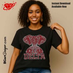 Delta Sigma Theta rhinestone design shown on black T-shirt mockup for rhinestone heat transfer apparel decoration