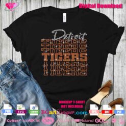 Mockup of a black T-shirt with Detroit Tigers rhinestone design in stacked style, featuring orange and white crystals. Digital download in SVG, PNG, EPS, DXF formats.