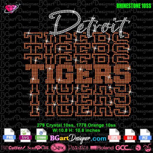 Detroit Tigers rhinestone template in stacked style with orange and white crystals, size 10.8x10.8 inches, download available in SVG, PNG, EPS, DXF, PLT.