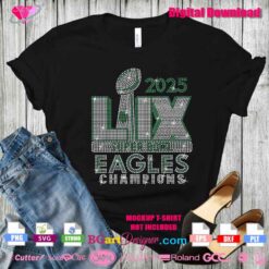 Philadelphia Eagles Super Bowl 2025 Champions Rhinestone SVG design mockup on a black t-shirt. Digital download for Cricut, Silhouette, and all cutting machines.