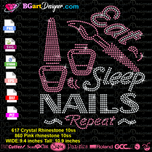 eat sleep nails repeat rhinestone svg cricut silhouette, download nails eat sleep nails repeat bling digital template file