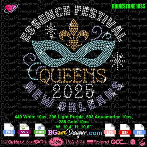 Essence Festival Queens rhinestone design on black t-shirt for cutting machines, featuring Mardi Gras mask with fleur-de-lis