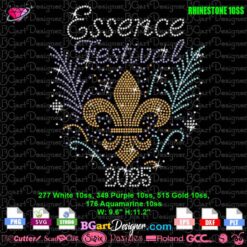 Essence Festival 2025 rhinestone SVG template with fleur-de-lys, sized 9.6" x 11.2", for SS10 stones