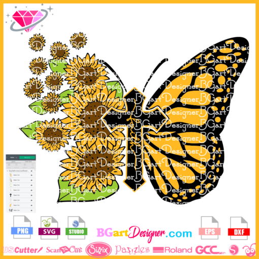 Faith Cross Sunflower Butterfly svg cricut silhouette, half sunflower half butterfly svg png sublimation cut file, layered sunflower butterfly svg cuttable vector