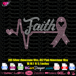 Faith Heart Line Pink Ribbon rhinestone svg cricut silhouette, faith pink ribbon bling transfer iron on download, heart line pink ribbon breast cancer rhinestone template svg