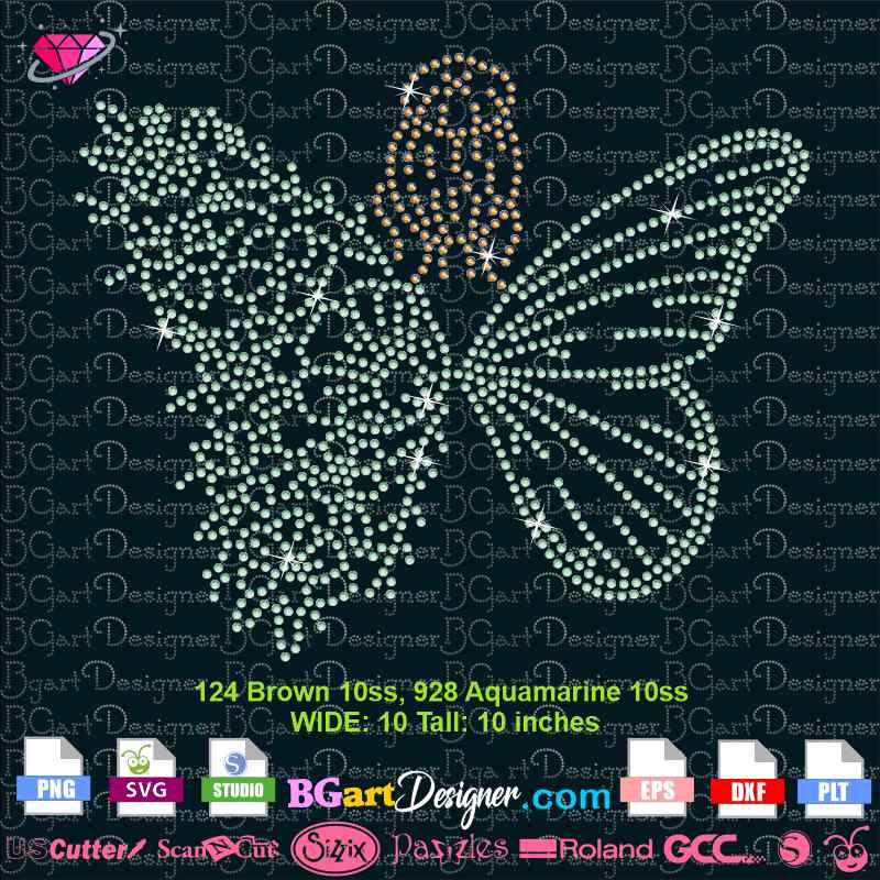 3 Fashion Art Rhinestone Iron On Transfers 2 Butterflies(1Lg/1Sm)+Flowers
