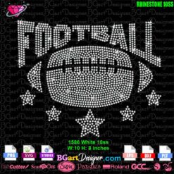 Digital Rhinestone Football Template for DIY T-Shirts – SVG and EPS Download. This dazzling ‘Football’ rhinestone design features 1586 white 10ss stones and bold star accents. Sized at 10x8 inches, it’s ready for use with cutting machines like Cricut and Silhouette. Perfect for creating custom apparel for football fans or sports events. Available in multiple formats (SVG, PNG, EPS, DXF) for effortless crafting. Ideal for anyone looking to add sparkle to their football-themed projects. Keywords: football rhinestone SVG, digital rhinestone download, Cricut rhinestone football, DIY rhinestone template.