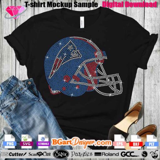 Rhinestone template for Cricut and Silhouette featuring a New England Patriots football helmet design. This instant digital download is perfect for creating stunning, sparkling t-shirts. Compatible with cutting machines like Cricut, Silhouette, and more. Ideal for fans looking to customize their apparel with high-quality rhinestone designs