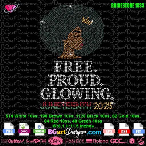 Juneteenth rhinestone design for black women empowerment t-shirt, Free Proud Glowing 2025 quote, instant digital download