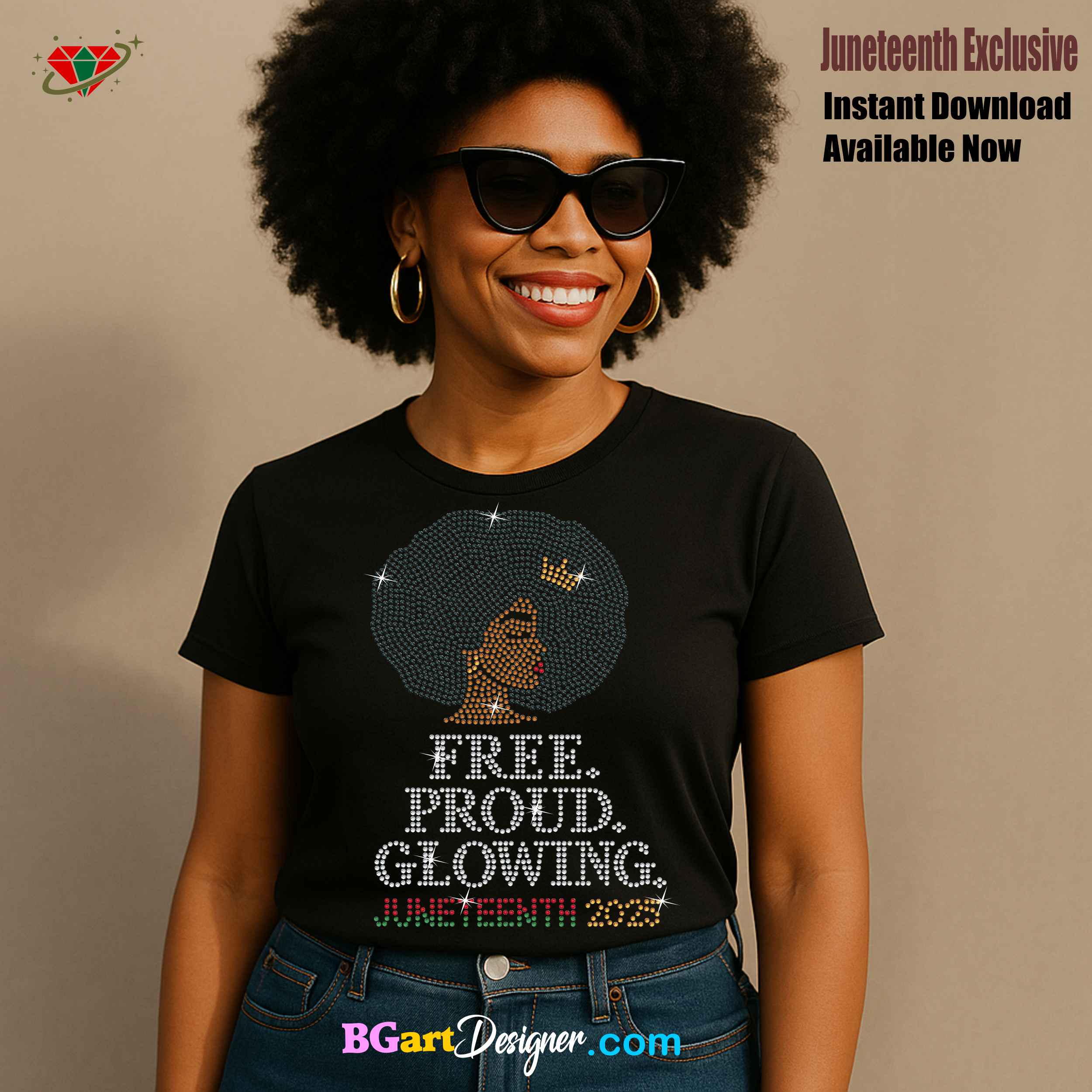 Black woman wearing Free Proud Glowing Juneteenth 2025 rhinestone shirt, perfect for Cricut and Silhouette crafters