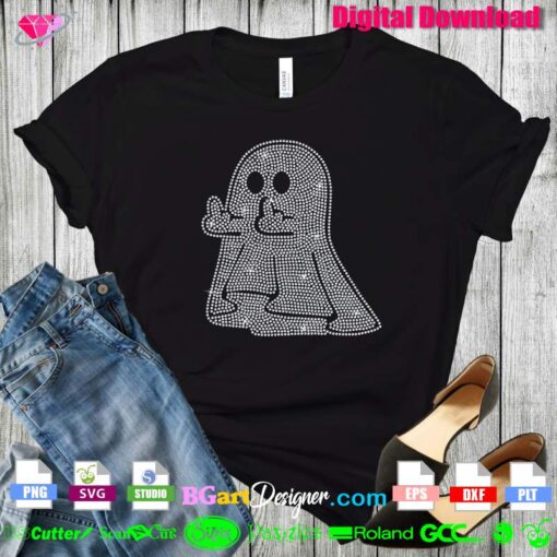 ghost flipping finger rhinestone svg, spooky scary ghost rhinestone svg, ghost bling rhinestone transfer shirt