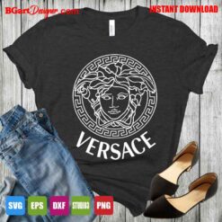 Gianni Versace Medusa SVG mockup on black T-shirt – digital design for Cricut, Silhouette, DTF and sublimation craft projects.