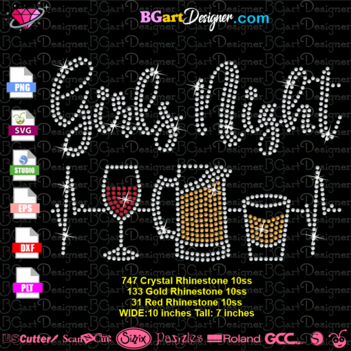 Girls Night wine glass beer mug and shot glass rhinestone cricut silhouette svg download, girls night rhinestone bling template eps dxf plt, girls night rhinestone iron on transfer