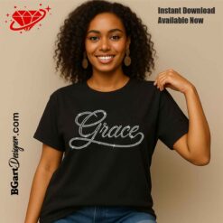Woman wearing a black t-shirt decorated with the Grace rhinestone template SVG design in sparkling SS10 stones.
