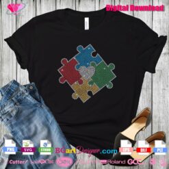 autism puzzle heart rhinestone svg cricut template download