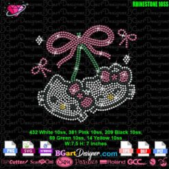 Rhinestone Hello Kitty with Cherry and Pink Ribbon template supporting cancer awareness. This SVG template features 10ss rhinestones: 432 white, 381 pink, 209 black, 69 green, and 14 yellow stones. Perfect for t-shirt designs or crafts using Cricut, Silhouette, and other cutting machines. Show your support with this cute Hello Kitty cancer awareness rhinestone design. Download available in SVG, EPS, DXF formats.