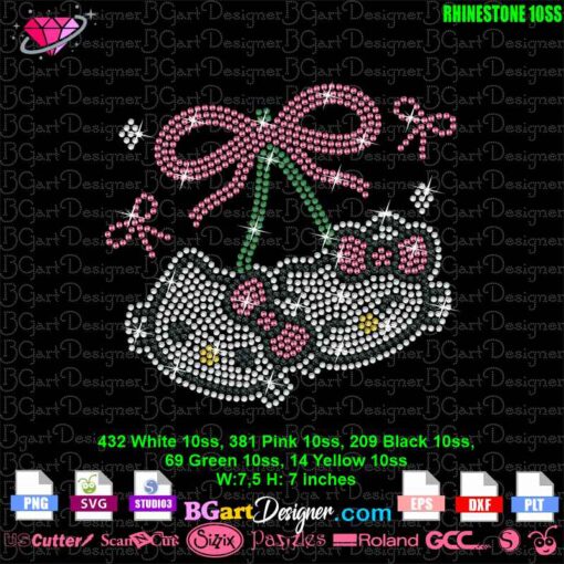 Rhinestone Hello Kitty with Cherry and Pink Ribbon template supporting cancer awareness. This SVG template features 10ss rhinestones: 432 white, 381 pink, 209 black, 69 green, and 14 yellow stones. Perfect for t-shirt designs or crafts using Cricut, Silhouette, and other cutting machines. Show your support with this cute Hello Kitty cancer awareness rhinestone design. Download available in SVG, EPS, DXF formats.