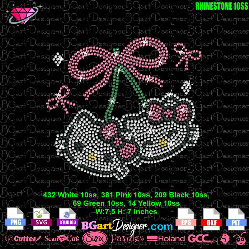 Rhinestone Hello Kitty with Cherry and Pink Ribbon template supporting cancer awareness. This SVG template features 10ss rhinestones: 432 white, 381 pink, 209 black, 69 green, and 14 yellow stones. Perfect for t-shirt designs or crafts using Cricut, Silhouette, and other cutting machines. Show your support with this cute Hello Kitty cancer awareness rhinestone design. Download available in SVG, EPS, DXF formats.