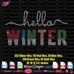hello winter rhinestone svg, winter bling template cut file, hello winter sublimation clipart