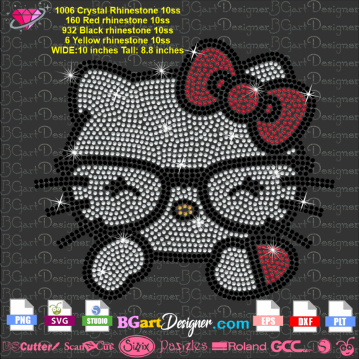hello kitty glasses rhinestone svg cricut silhouette, hello kitty face ss10 template hot fix iron on transfer, cute hello kitty face bling digital download