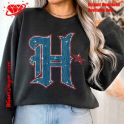 Houston Texans H rhinestone design applied on black sweatshirt mockup for fashion apparel use