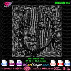 Close-up of Janet Jackson portrait rhinestone template with SS10 rhinestones, available as an instant digital download in various formats including SVG, DXF, and EPS. Ideal for Cricut, Silhouette, and other cutting machines. Keywords: Janet Jackson rhinestone template, SS10 rhinestones, digital download, Cricut cut file