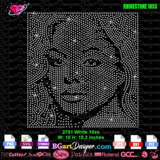 Close-up of Janet Jackson portrait rhinestone template with SS10 rhinestones, available as an instant digital download in various formats including SVG, DXF, and EPS. Ideal for Cricut, Silhouette, and other cutting machines. Keywords: Janet Jackson rhinestone template, SS10 rhinestones, digital download, Cricut cut file