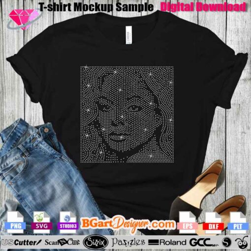 Janet Jackson digital rhinestone template displayed on a black t-shirt, perfect for Cricut, Silhouette, and other cutting machines. Instant digital download for crafting enthusiasts. Keywords: Janet Jackson rhinestone template, digital download, Cricut template, Silhouette template.