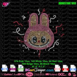 Labubu bunny head rhinestone template layout with stone count for 10ss size, includes SVG PLT DXF EPS Studio 3 files