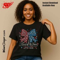 Black t-shirt mockup featuring Land of the Free patriotic bow rhinestone transfer design for July 4th apparel
