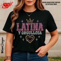 Black shirt with Latina y Orgullosa SS10 rhinestone design in pink, white and gold