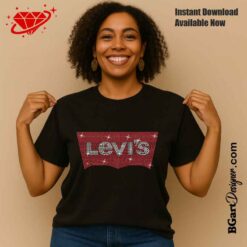 Woman wearing black shirt with red and white rhinestone Levis inspired design template mockup for apparel customization