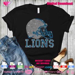 Mockup of Lions football helmet rhinestone SVG design on a black T-shirt with jeans and shoes.