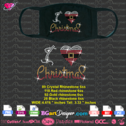 I love Christmas mask rhinestone svg cricut silhouette, santa heart rhinestone svg download, iron on transfer face mask designs