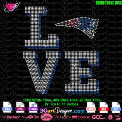 Digital download of 'Love New England Patriots' rhinestone template for Cricut and Silhouette. Perfect for crafting custom rhinestone t-shirts with 10ss stones. Includes SVG and other file formats for easy use with cutting machines.