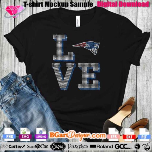 Instant download rhinestone template featuring 'Love New England Patriots' design, ideal for Cricut and Silhouette cutting machines. Customize your apparel with this easy-to-use 10ss rhinestone pattern. Includes multiple file formats for versatile crafting