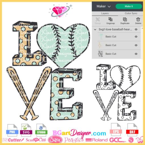 Love baseball svg, baseball cricut silhouette download, love baseball heart ball and bat layered vector svg