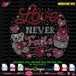 Love rhinestone template with bear hearts cupcake and script lettering layout for rhinestone heat transfer design